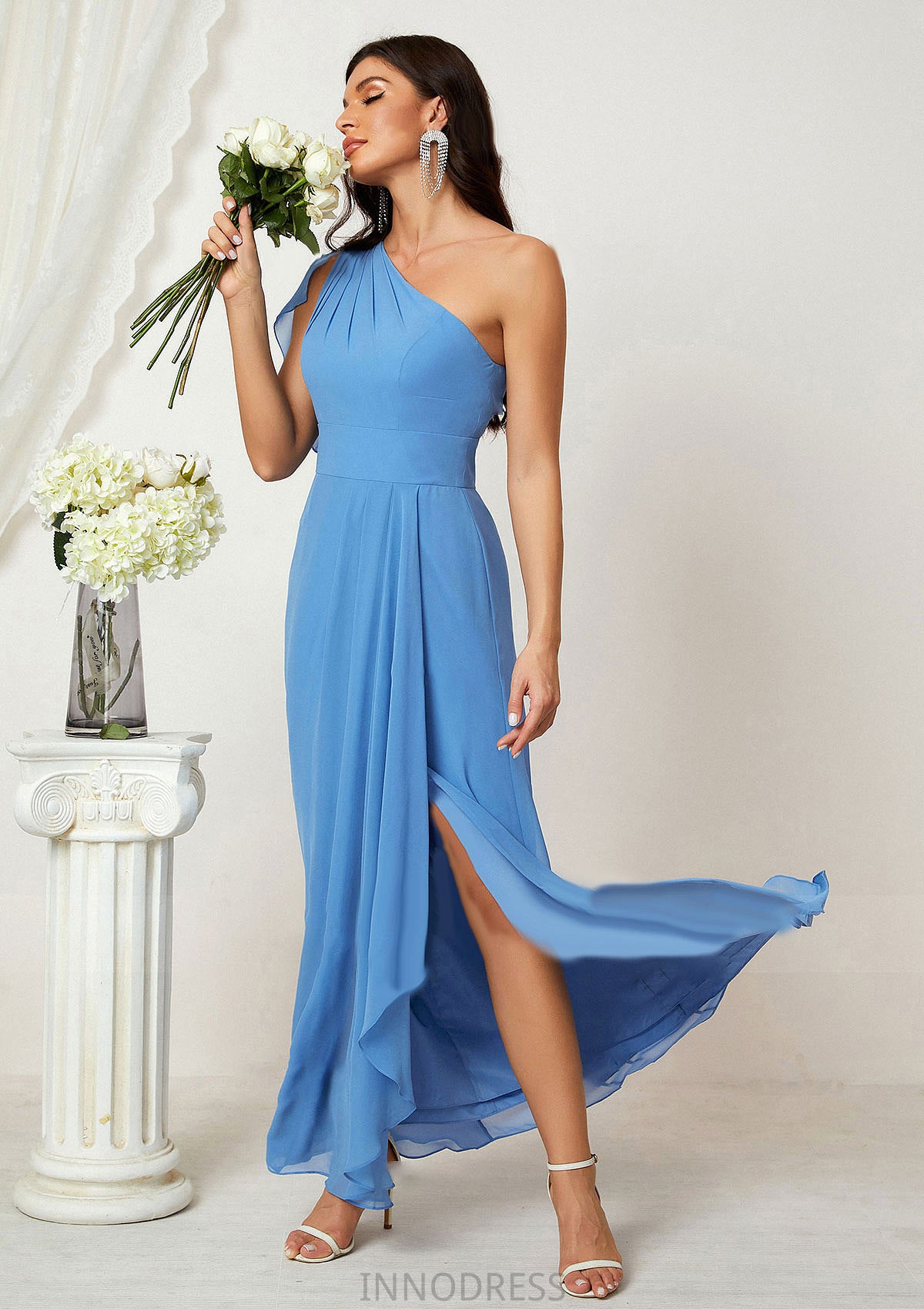 A-line One-Shoulder Sleeveless Chiffon Long/Floor-Length Bridesmaid Dresses With Pleated Split Beryl DPP0025613