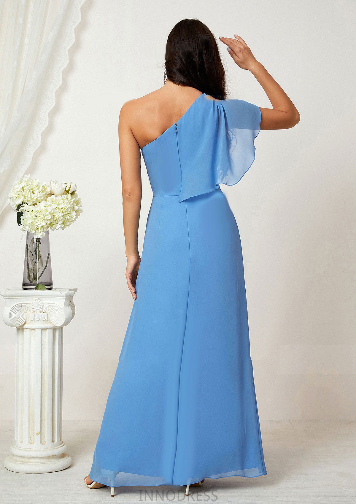 A-line One-Shoulder Sleeveless Chiffon Long/Floor-Length Bridesmaid Dresses With Pleated Split Beryl DPP0025613