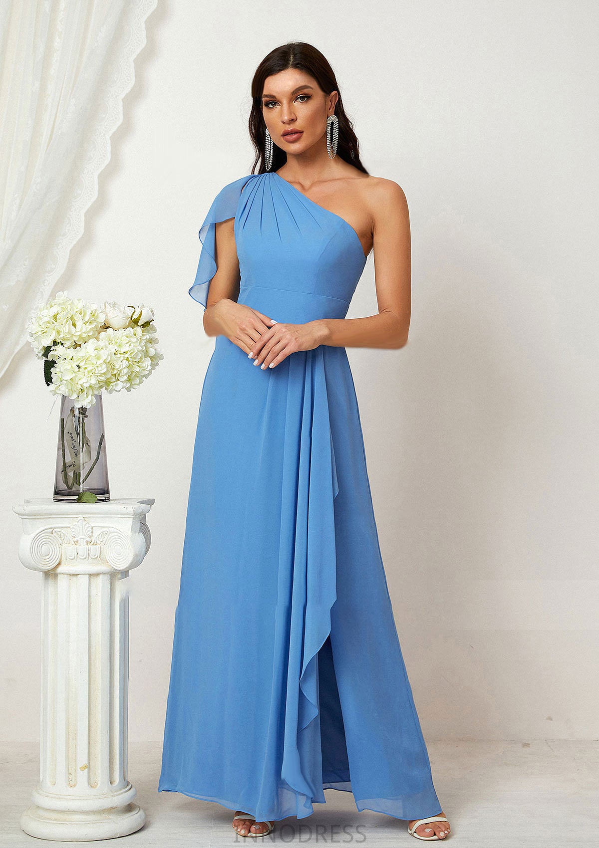 A-line One-Shoulder Sleeveless Chiffon Long/Floor-Length Bridesmaid Dresses With Pleated Split Beryl DPP0025613