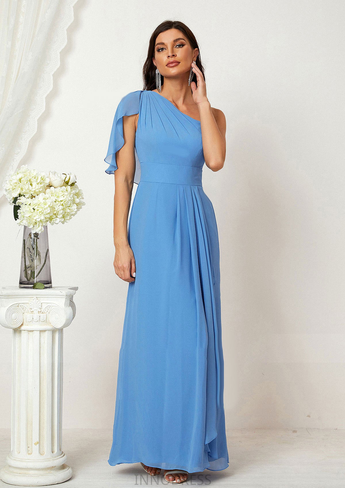 A-line One-Shoulder Sleeveless Chiffon Long/Floor-Length Bridesmaid Dresses With Pleated Split Beryl DPP0025613