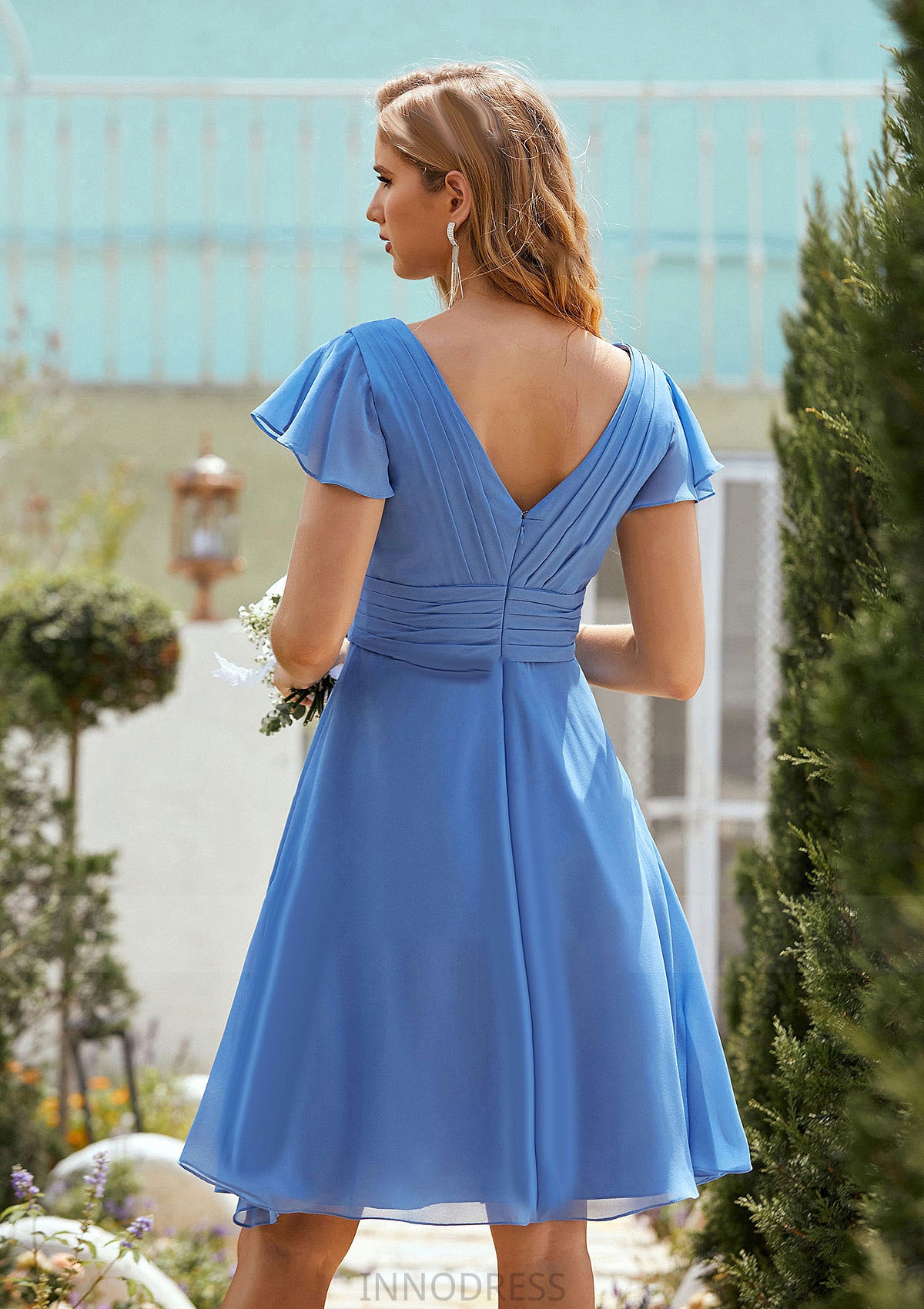 A-line V Neck Short Sleeve Chiffon Short/Mini Bridesmaid Dresses With Pleated Mia DPP0025614