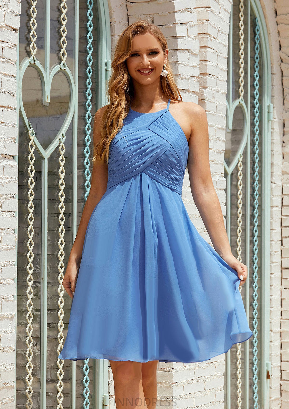 Empire A-line Halter Chiffon Short/Mini Bridesmaid Dresses With Pleated Megan DPP0025615