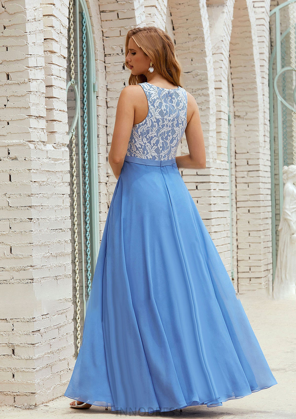 A-line Scoop Neck Sleeveless Chiffon Long/Floor-Length Bridesmaid Dresses With Pockets Lace Anahi DPP0025616