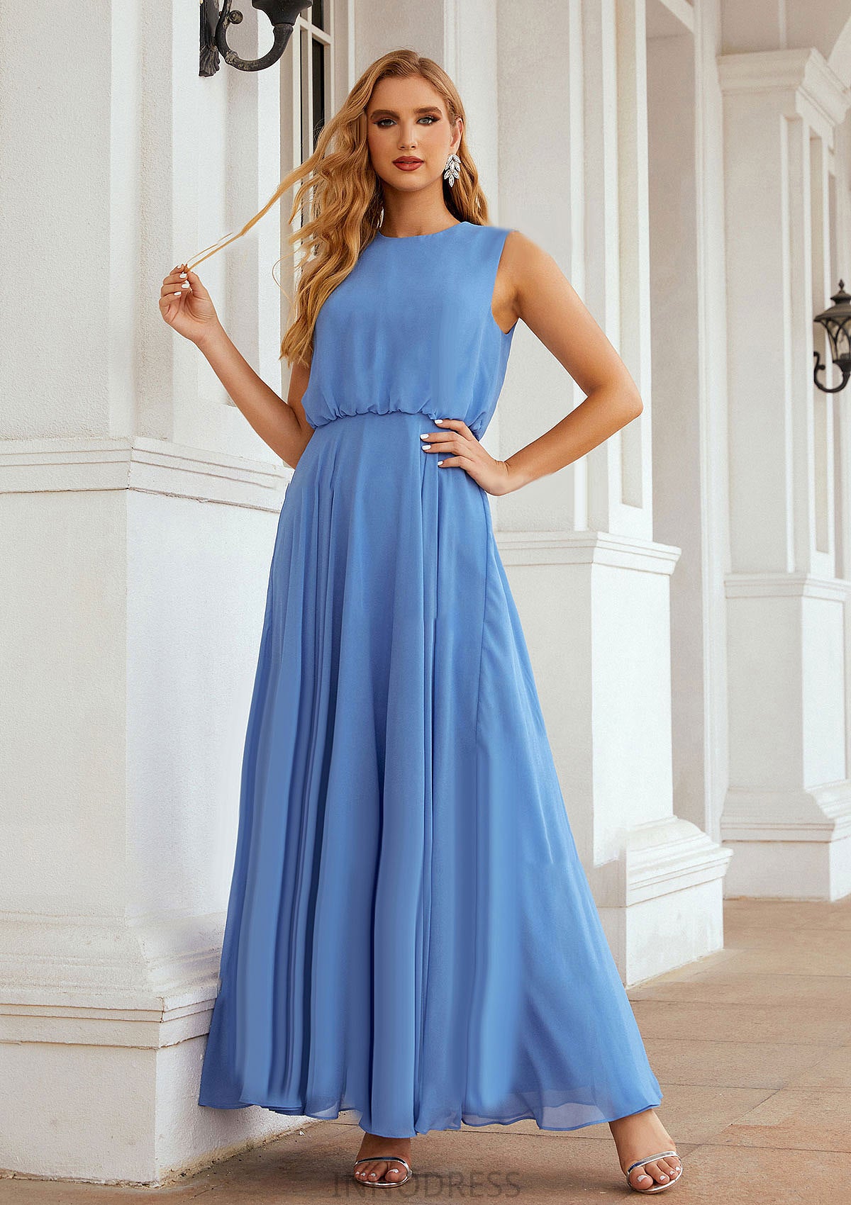 A-line Scoop Neck Sleeveless Chiffon Long/Floor-Length Bridesmaid Dresses EmeryPiper DPP0025618