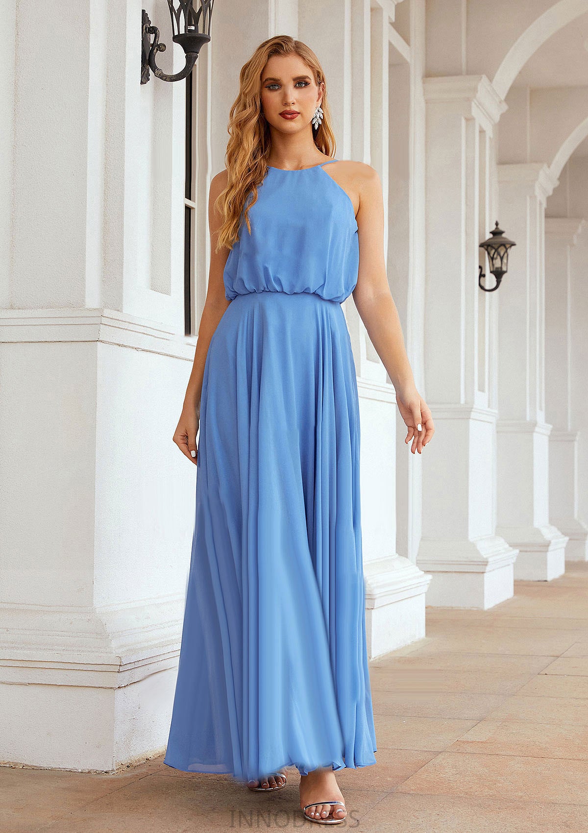 A-line Halter Sleeveless Chiffon Long/Floor-Length Bridesmaid Dresses With Pleated Baylee DPP0025621