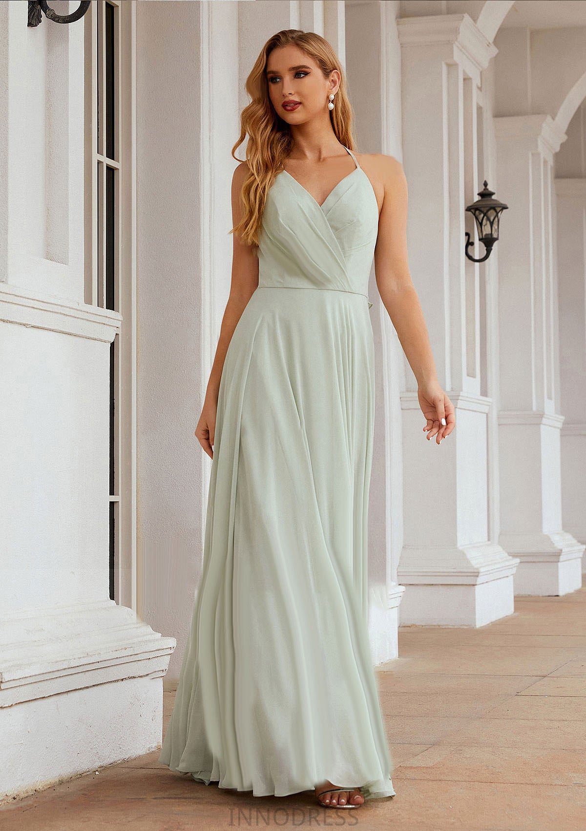 A-line Halter Sleeveless Chiffon Long/Floor-Length Bridesmaid Dresses With Pleated Ruffles Annabelle DPP0025623