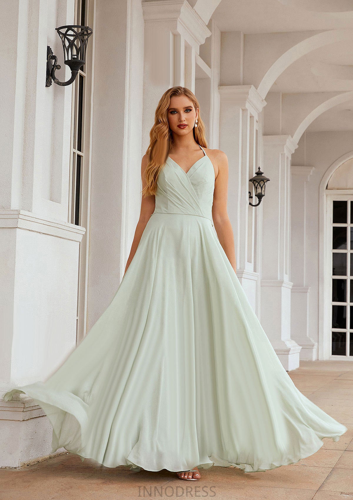 A-line Halter Sleeveless Chiffon Long/Floor-Length Bridesmaid Dresses With Pleated Ruffles Annabelle DPP0025623