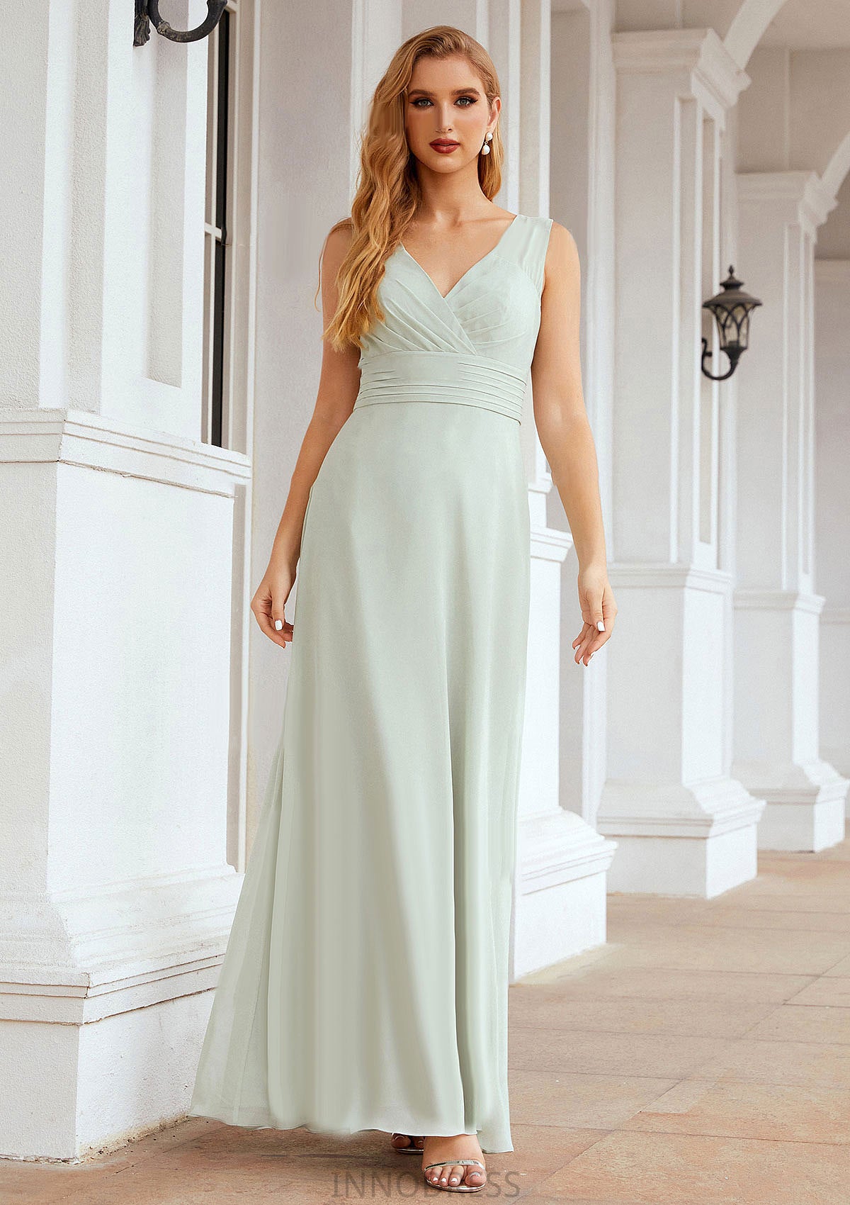 A-line V Neck Long/Floor-Length Chiffon Bridesmaid Dresses With Pleated Francesca DPP0025625