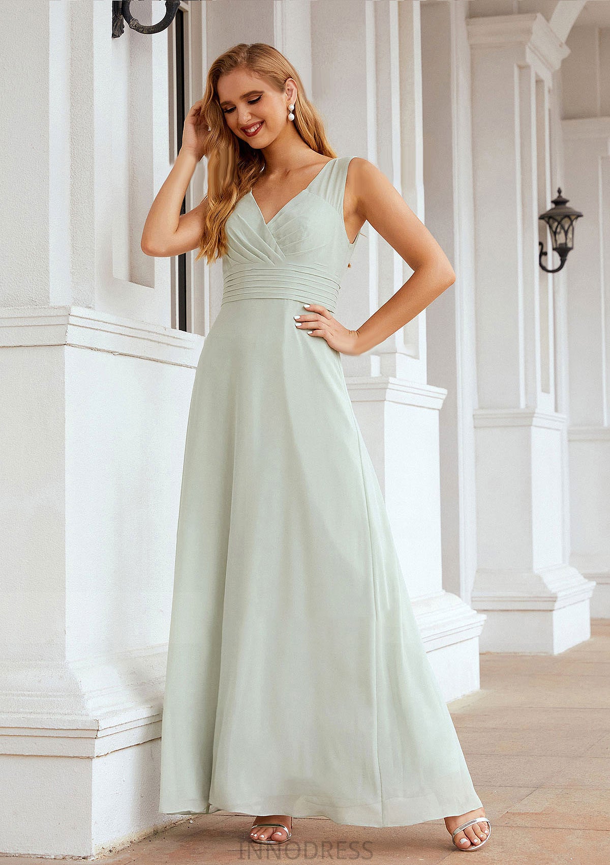 A-line V Neck Long/Floor-Length Chiffon Bridesmaid Dresses With Pleated Francesca DPP0025625