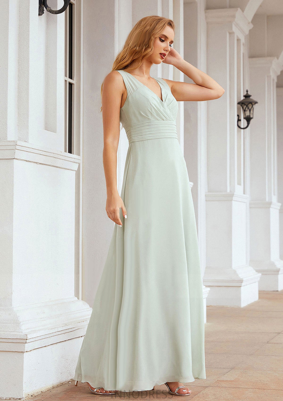 A-line V Neck Long/Floor-Length Chiffon Bridesmaid Dresses With Pleated Francesca DPP0025625