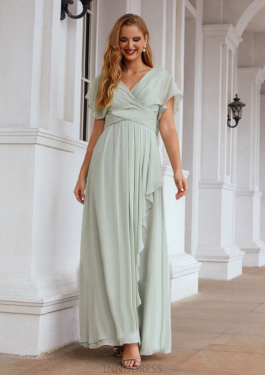 A-line V Neck Short Sleeve Chiffon Long/Floor-Length Bridesmaid Dresses With Pleated Ruffles Ryan DPP0025626