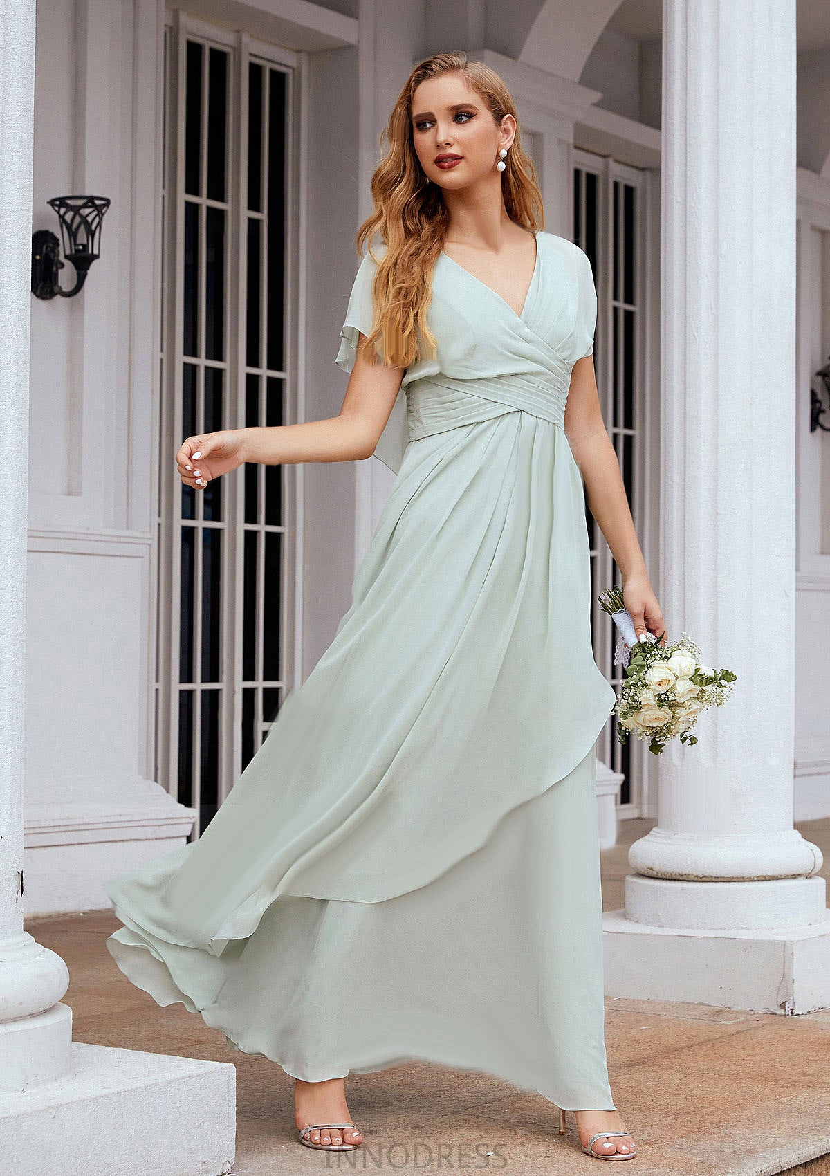 A-line V Neck Short Sleeve Chiffon Long/Floor-Length Bridesmaid Dresses With Pleated Ruffles Ryan DPP0025626