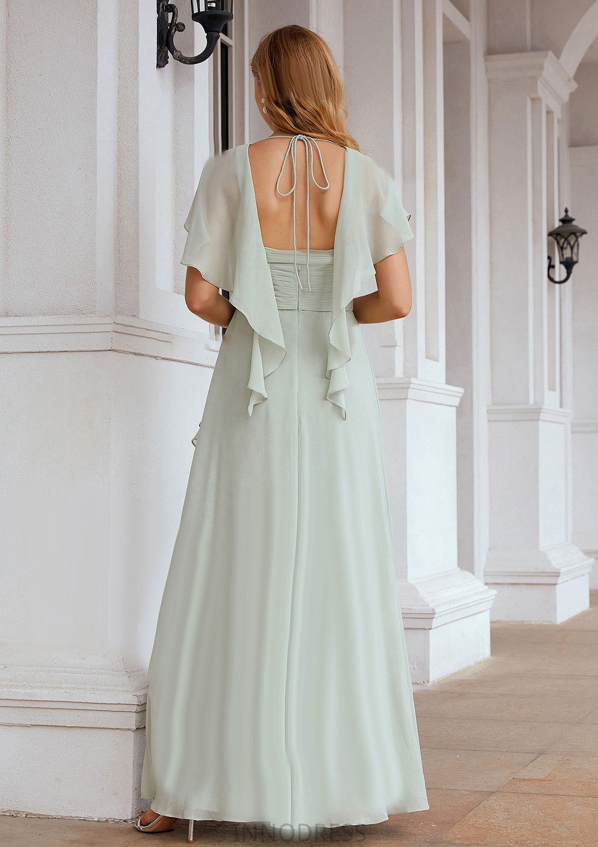 A-line V Neck Short Sleeve Chiffon Long/Floor-Length Bridesmaid Dresses With Pleated Ruffles Ryan DPP0025626