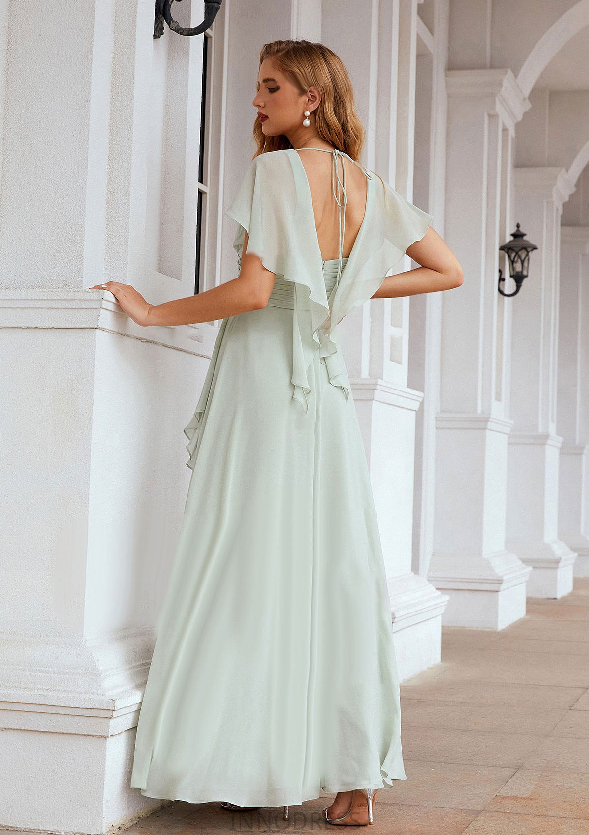 A-line V Neck Short Sleeve Chiffon Long/Floor-Length Bridesmaid Dresses With Pleated Ruffles Ryan DPP0025626