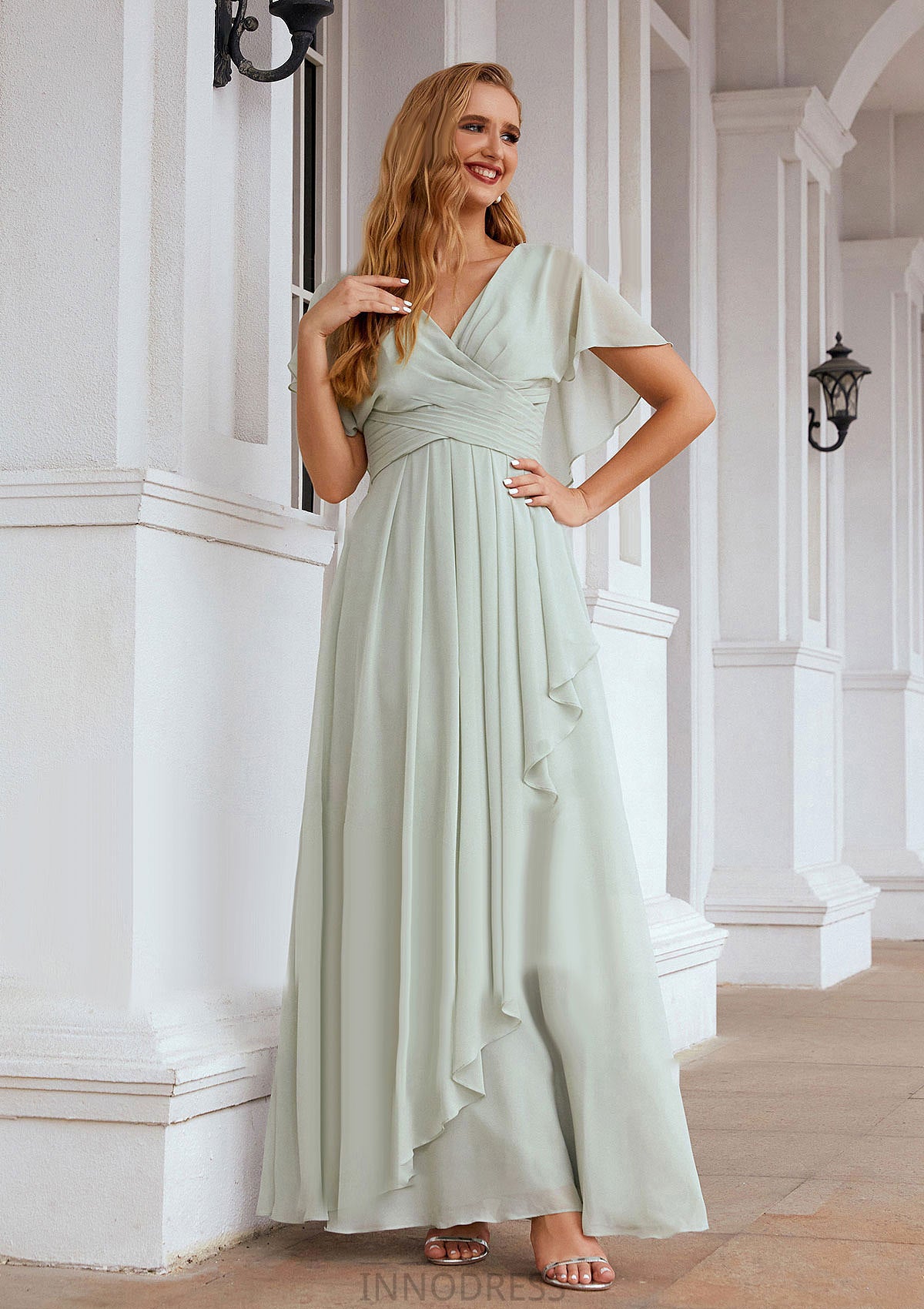 A-line V Neck Short Sleeve Chiffon Long/Floor-Length Bridesmaid Dresses With Pleated Ruffles Ryan DPP0025626