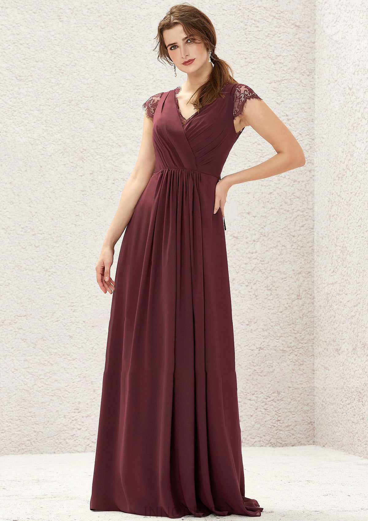 A-line V Neck Sleeveless Chiffon Long/Floor-Length Bridesmaid Dresses With Pleated Lace Carmen DPP0025627