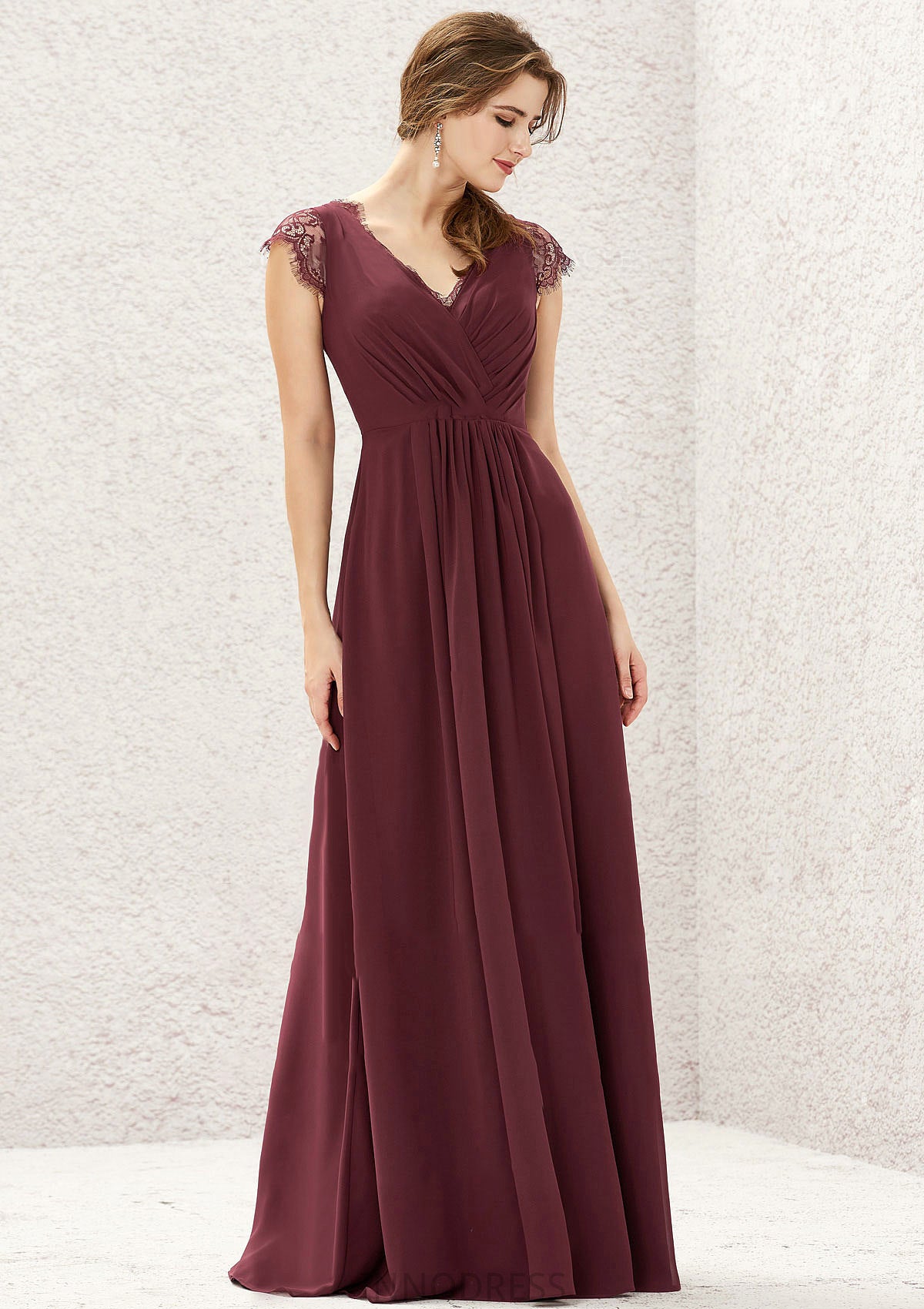 A-line V Neck Sleeveless Chiffon Long/Floor-Length Bridesmaid Dresses With Pleated Lace Carmen DPP0025627