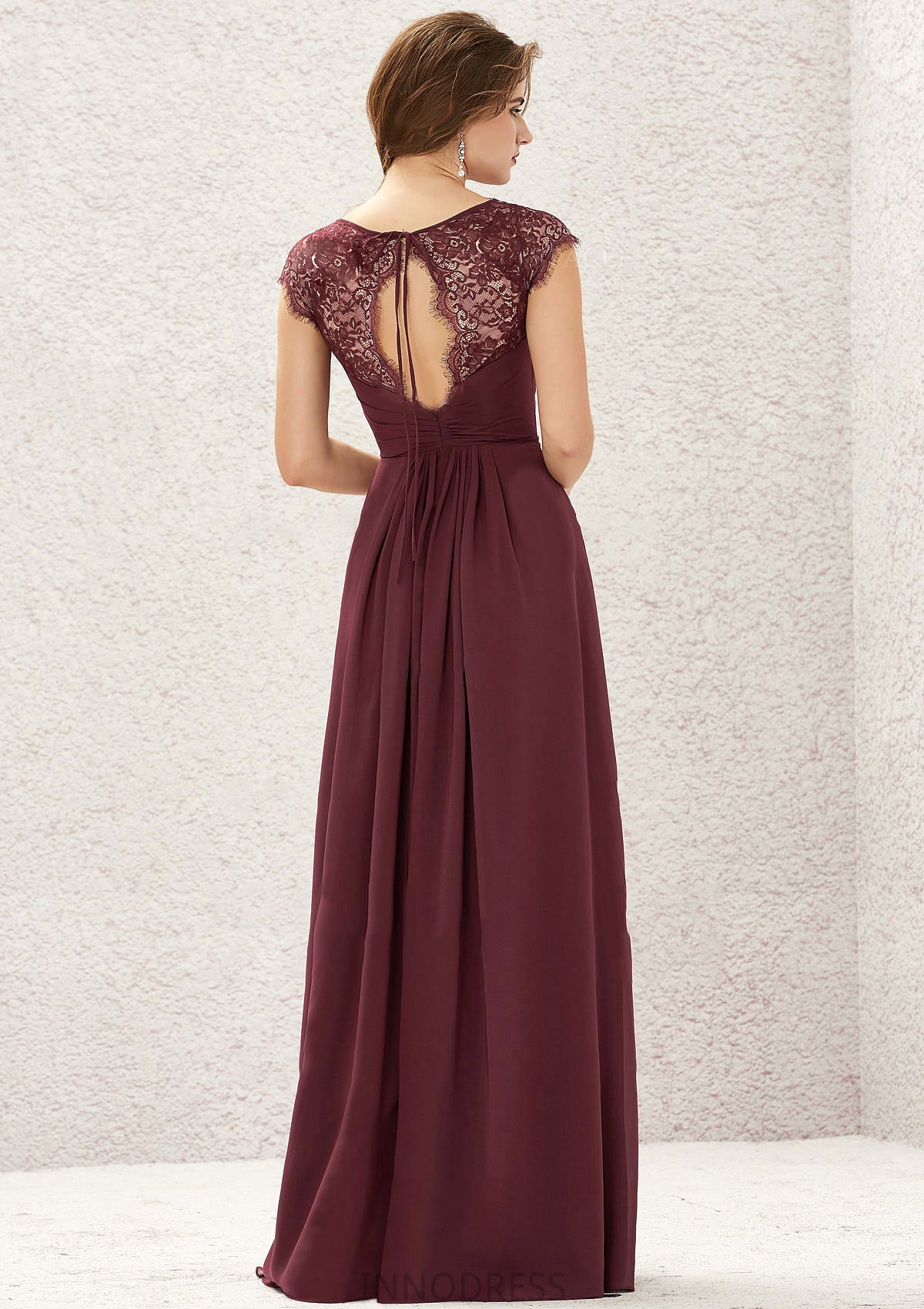 A-line V Neck Sleeveless Chiffon Long/Floor-Length Bridesmaid Dresses With Pleated Lace Carmen DPP0025627