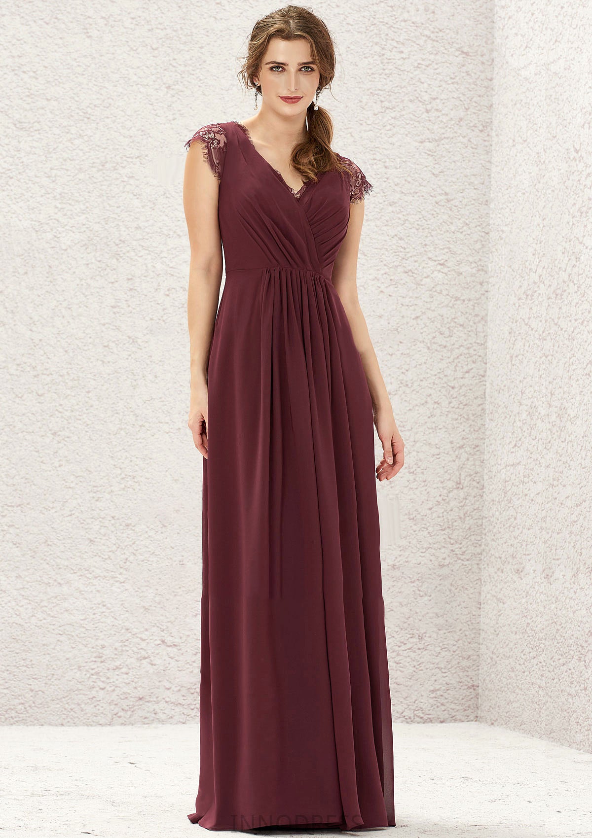 A-line V Neck Sleeveless Chiffon Long/Floor-Length Bridesmaid Dresses With Pleated Lace Carmen DPP0025627