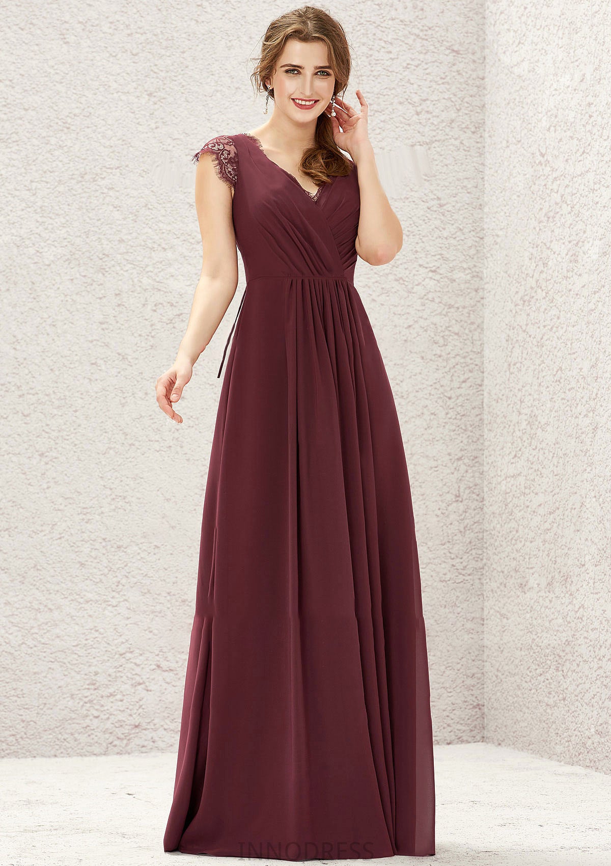 A-line V Neck Sleeveless Chiffon Long/Floor-Length Bridesmaid Dresses With Pleated Lace Carmen DPP0025627