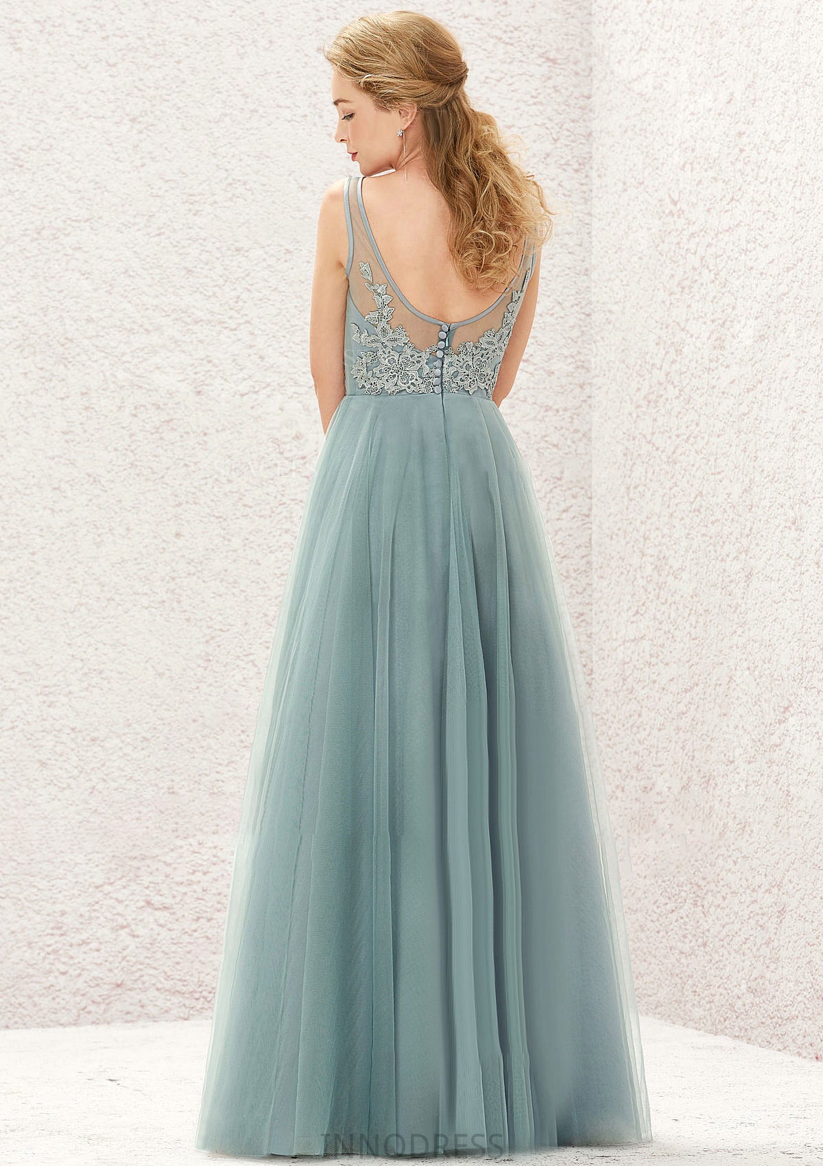 A-line V Neck Sleeveless Tulle Long/Floor-Length Bridesmaid Dresses With Lace Eileen DPP0025628