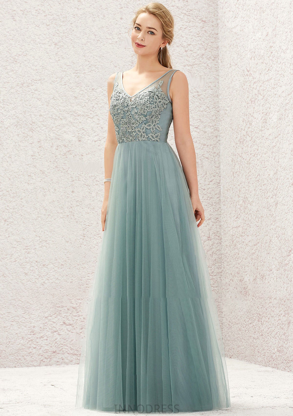 A-line V Neck Sleeveless Tulle Long/Floor-Length Bridesmaid Dresses With Lace Eileen DPP0025628