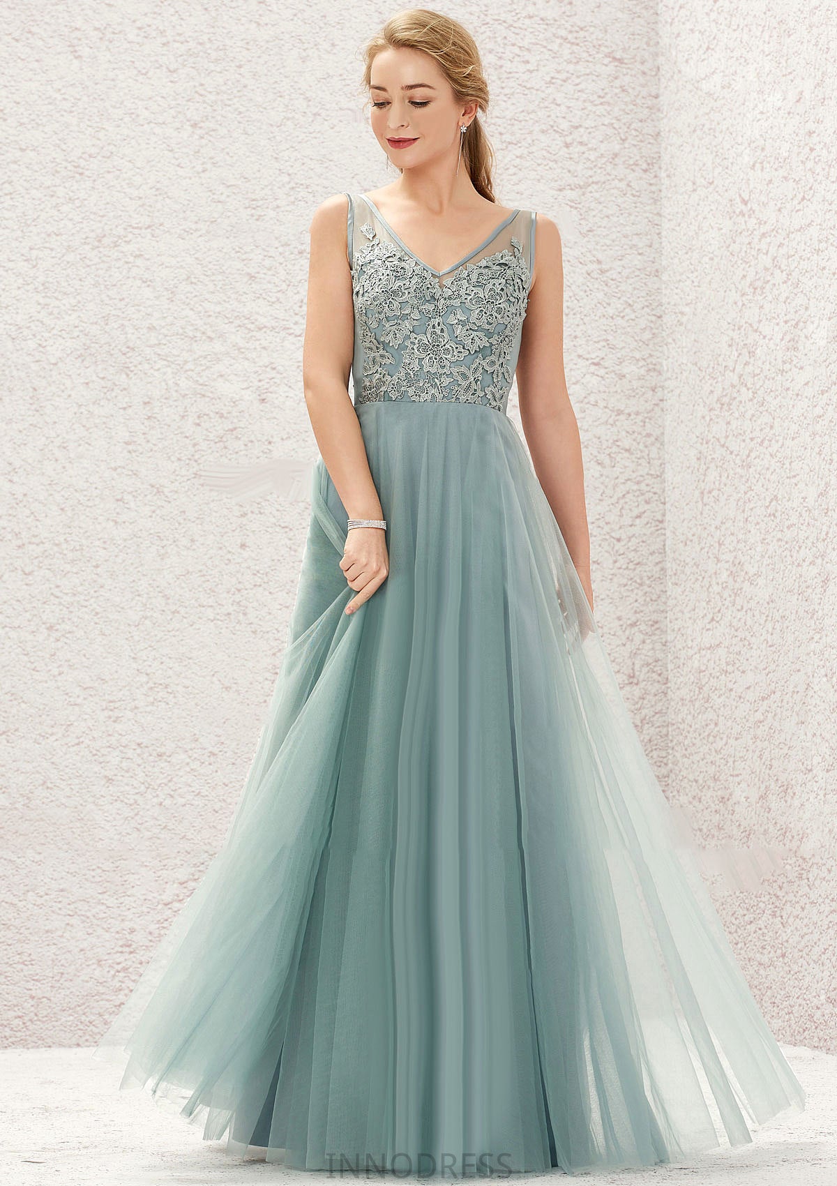 A-line V Neck Sleeveless Tulle Long/Floor-Length Bridesmaid Dresses With Lace Eileen DPP0025628