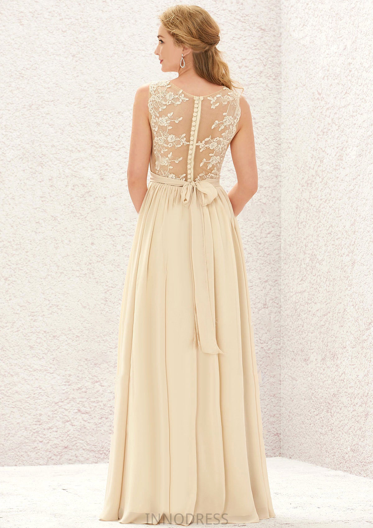 A-line V Neck Sleeveless Chiffon Long/Floor-Length Bridesmaid Dresses With Appliqued Sashes Pleated Angela DPP0025630