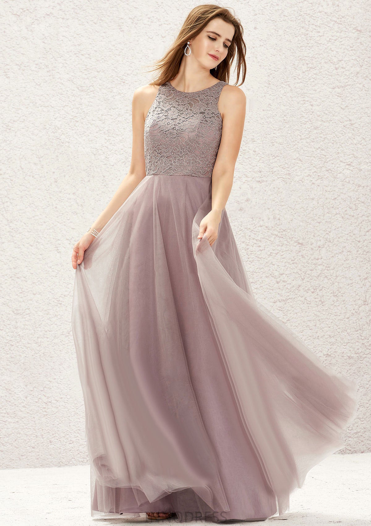 A-line Scoop Neck Sleeveless Lace Tulle Long/Floor-Length Bridesmaid Dresses Liz DPP0025631