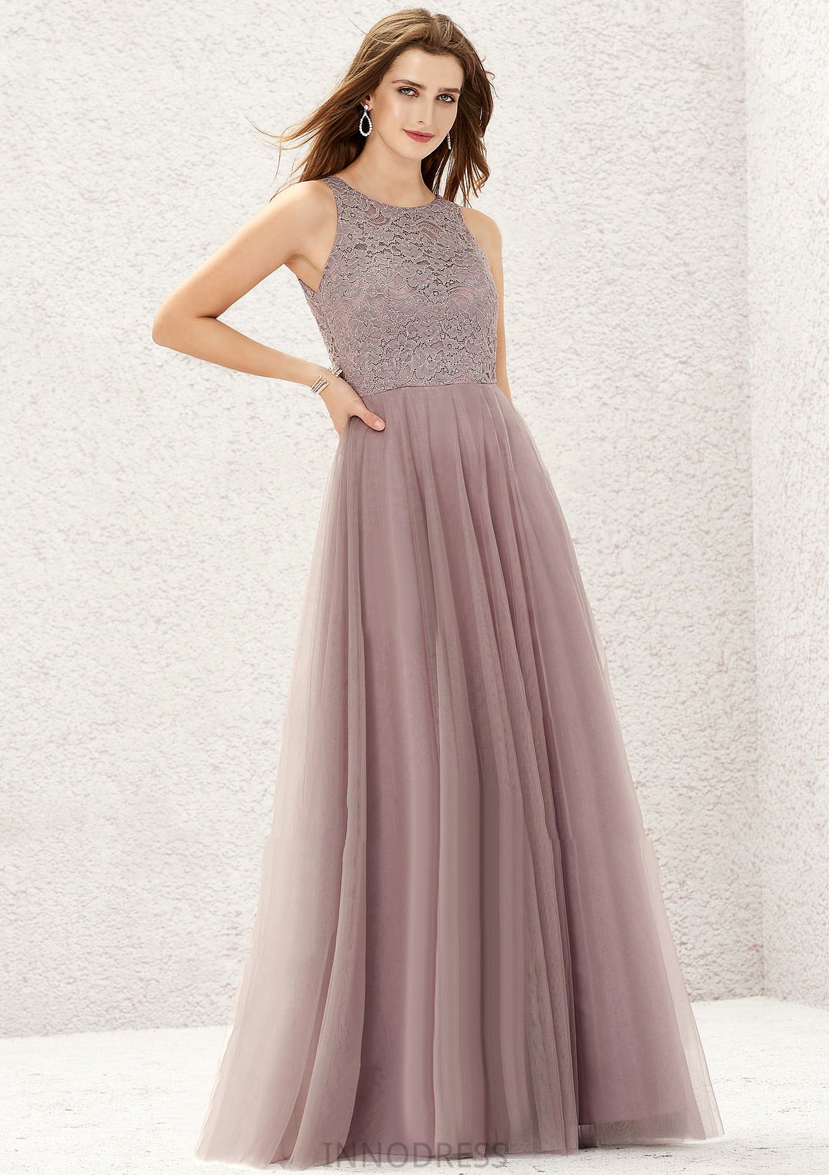 A-line Scoop Neck Sleeveless Lace Tulle Long/Floor-Length Bridesmaid Dresses Liz DPP0025631