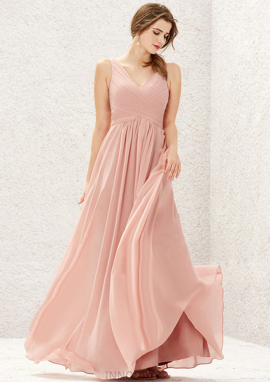 A-line V Neck Sleeveless Chiffon Long/Floor-Length Bridesmaid Dresses With Pleated Skyler DPP0025632