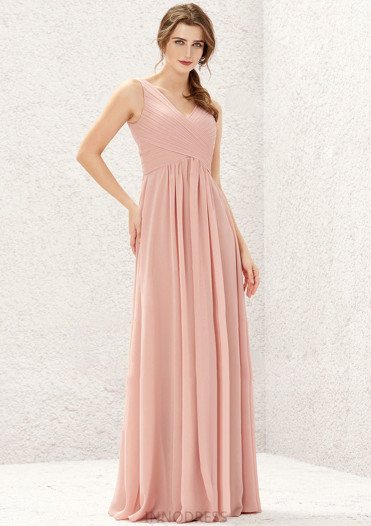 A-line V Neck Sleeveless Chiffon Long/Floor-Length Bridesmaid Dresses With Pleated Skyler DPP0025632