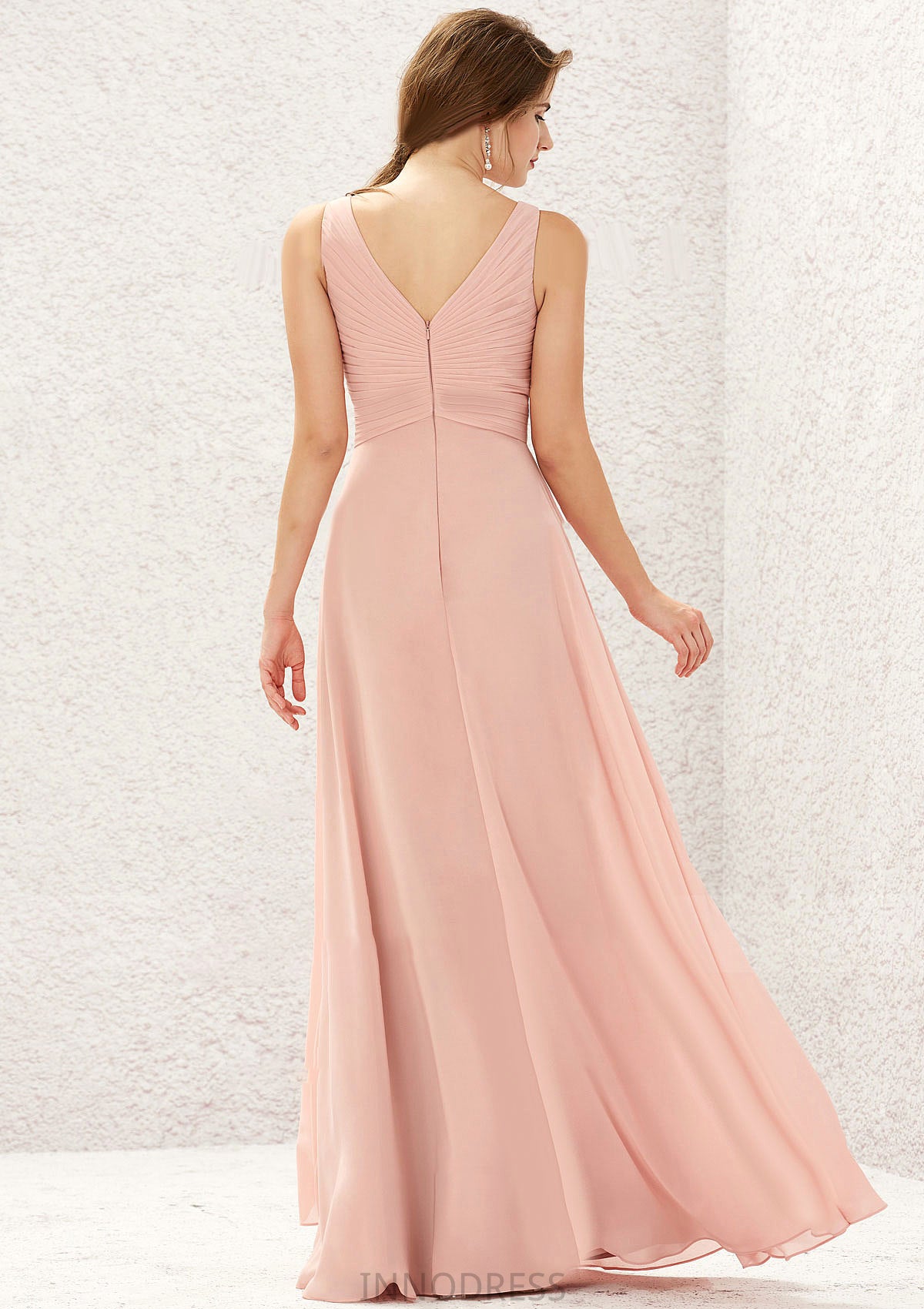 A-line V Neck Sleeveless Chiffon Long/Floor-Length Bridesmaid Dresses With Pleated Skyler DPP0025632