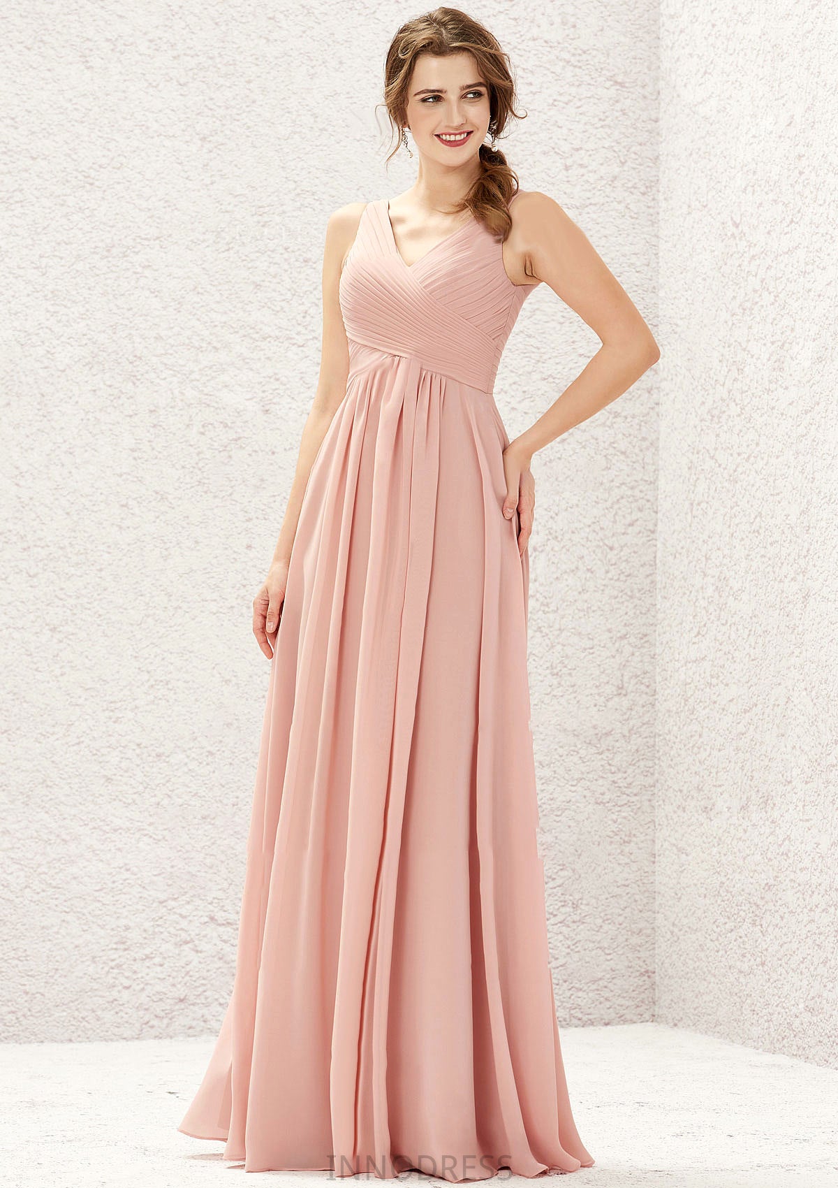 A-line V Neck Sleeveless Chiffon Long/Floor-Length Bridesmaid Dresses With Pleated Skyler DPP0025632