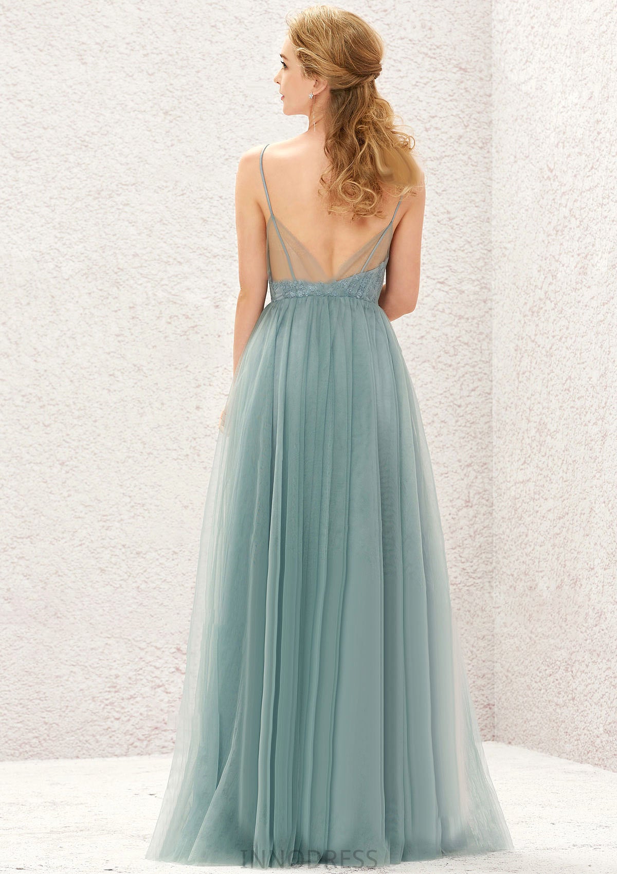 Princess A-line V Neck Sleeveless Tulle Long/Floor-Length Bridesmaid Dresses With Pleated Appliqued Meghan DPP0025633