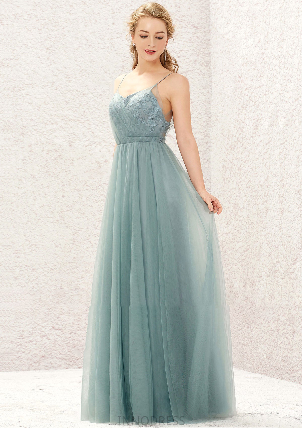 Princess A-line V Neck Sleeveless Tulle Long/Floor-Length Bridesmaid Dresses With Pleated Appliqued Meghan DPP0025633