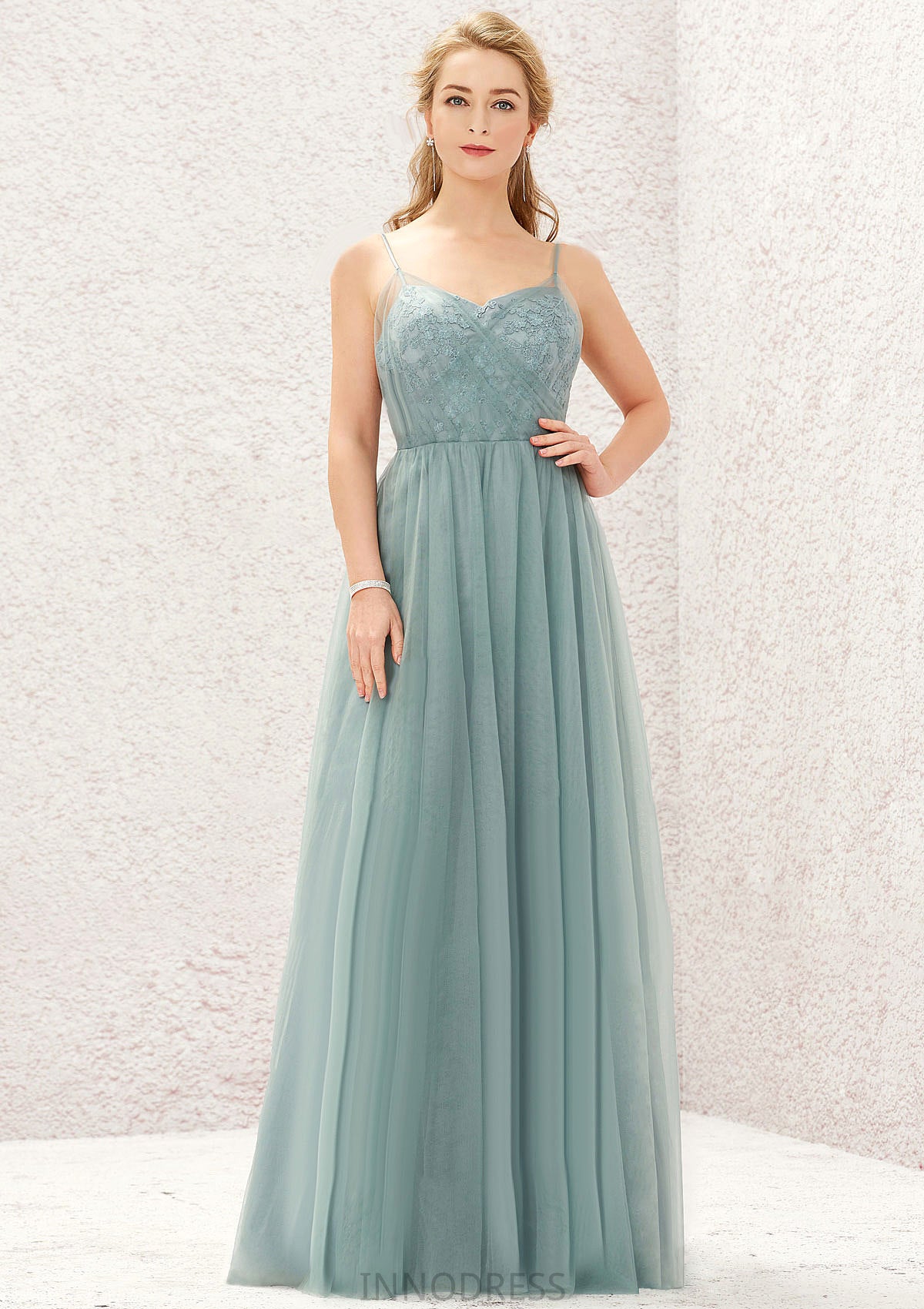 Princess A-line V Neck Sleeveless Tulle Long/Floor-Length Bridesmaid Dresses With Pleated Appliqued Meghan DPP0025633