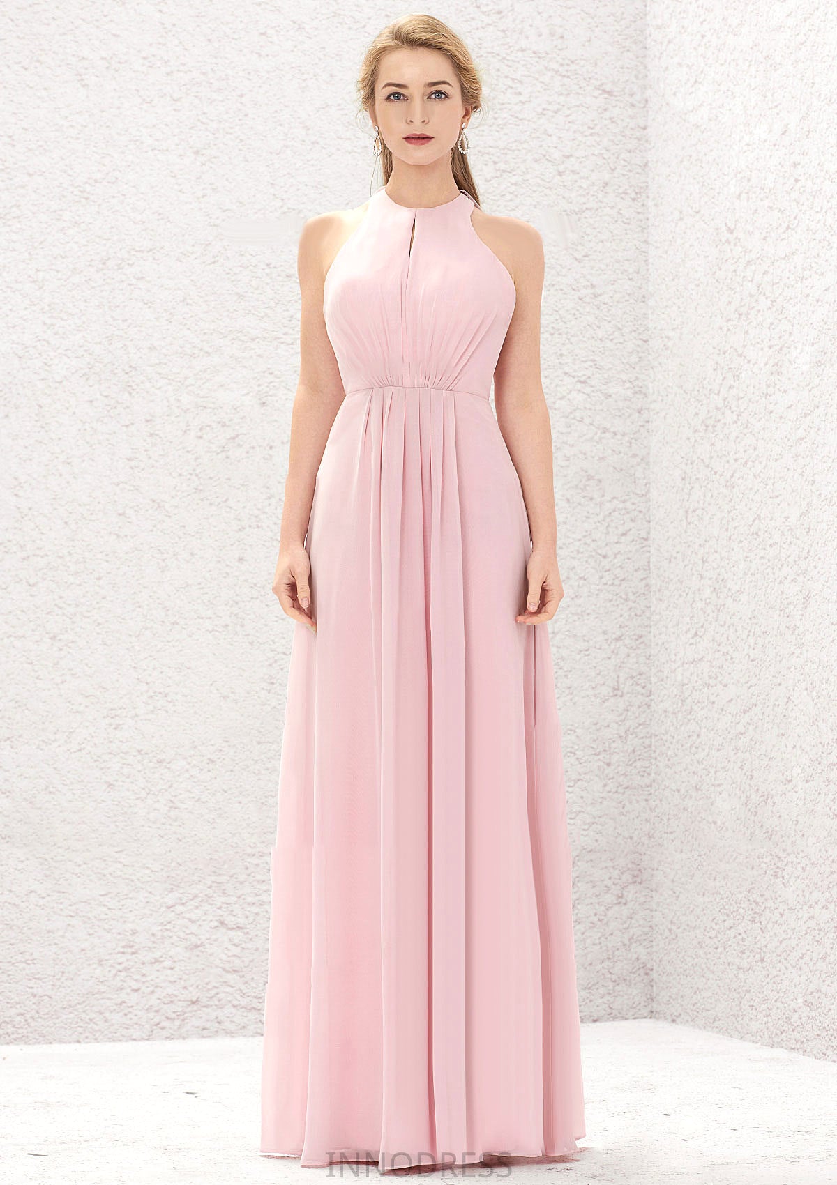 A-line Halter Sleeveless Chiffon Long/Floor-Length Bridesmaid Dresses With Pleated Lea DPP0025634