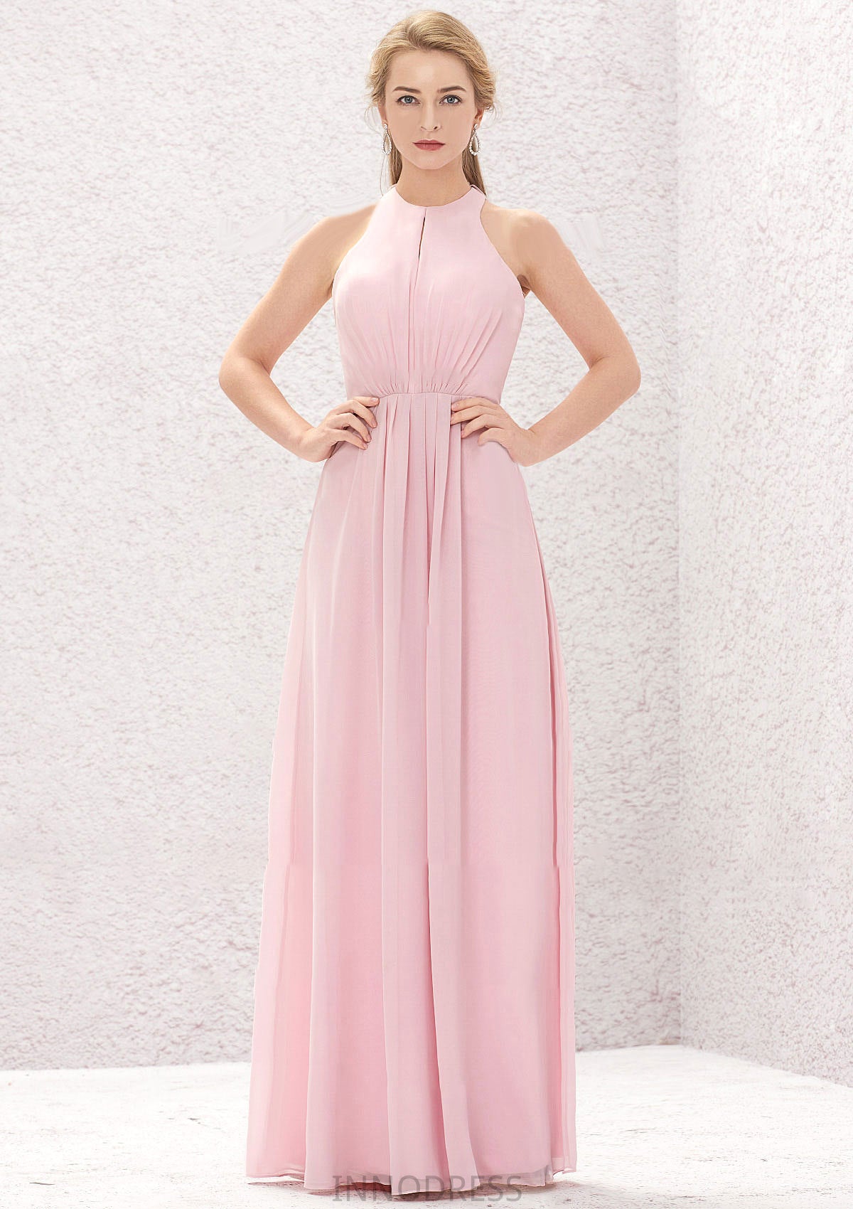 A-line Halter Sleeveless Chiffon Long/Floor-Length Bridesmaid Dresses With Pleated Lea DPP0025634