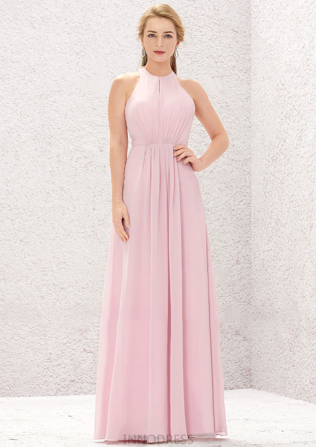 A-line Halter Sleeveless Chiffon Long/Floor-Length Bridesmaid Dresses With Pleated Lea DPP0025634