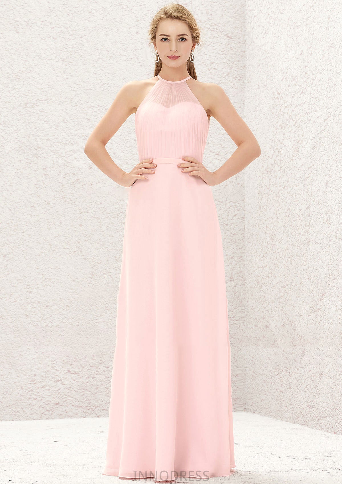 A-line Halter Sleeveless Chiffon Long/Floor-Length Bridesmaid Dresses Paulina DPP0025635