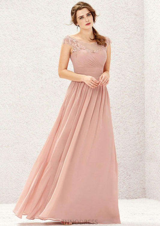 A-line Illusion Neck Sleeveless Chiffon Long/Floor-Length Bridesmaid Dresses With Appliqued Pleated Natalee DPP0025636