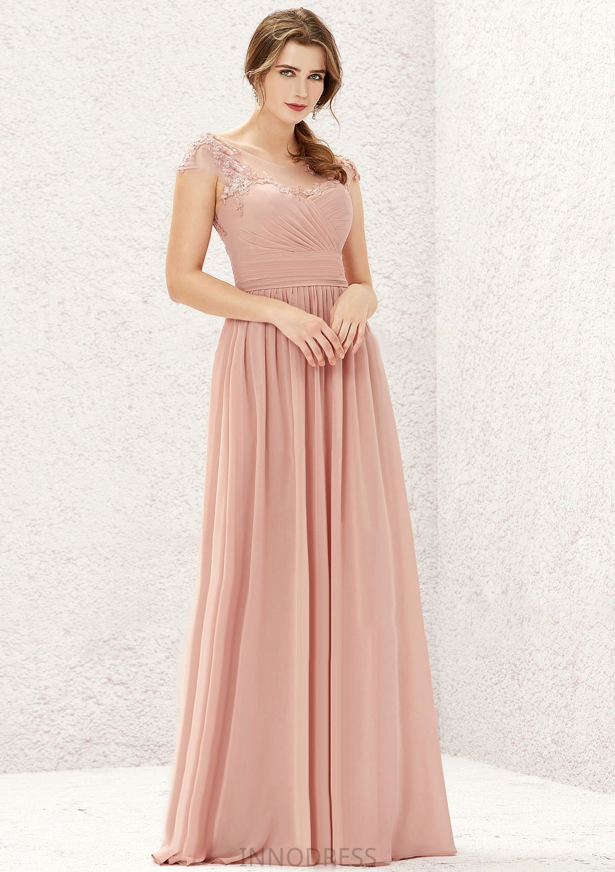 A-line Illusion Neck Sleeveless Chiffon Long/Floor-Length Bridesmaid Dresses With Appliqued Pleated Natalee DPP0025636