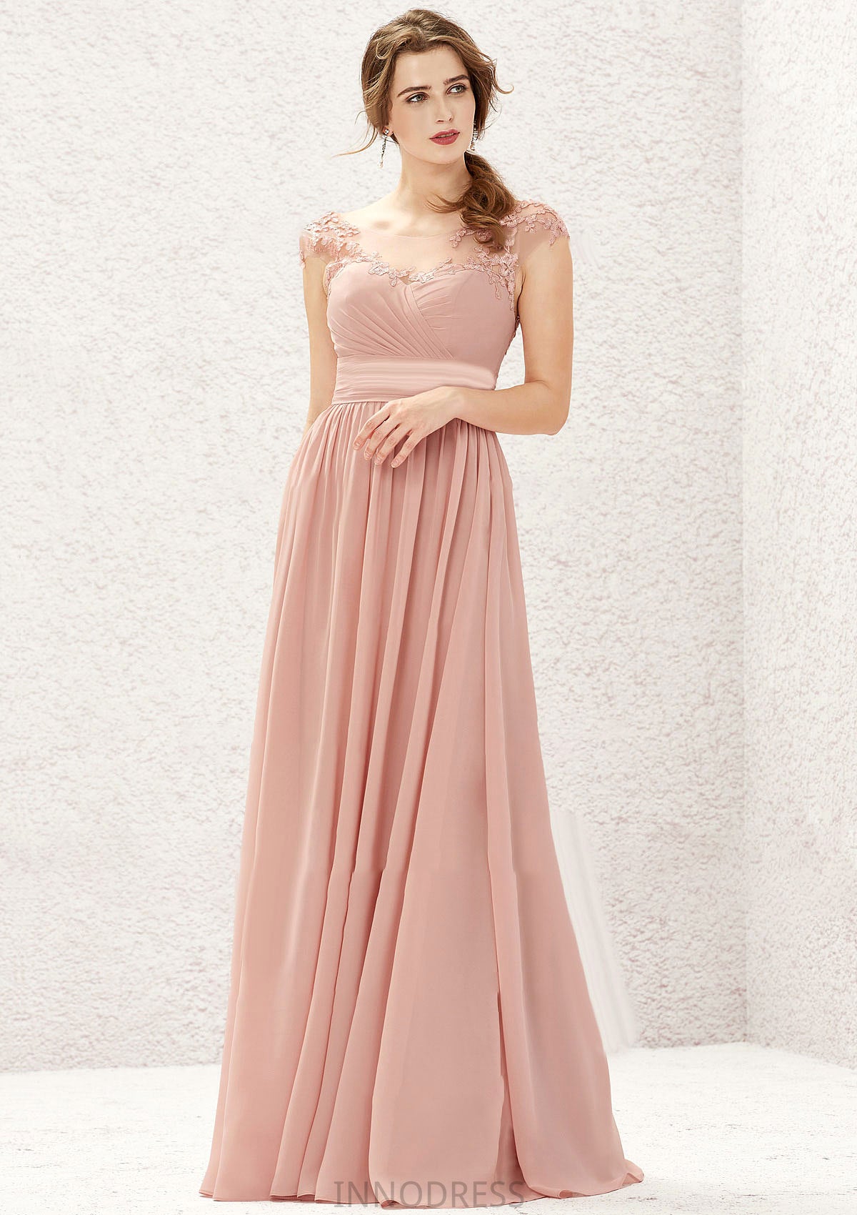 A-line Illusion Neck Sleeveless Chiffon Long/Floor-Length Bridesmaid Dresses With Appliqued Pleated Natalee DPP0025636