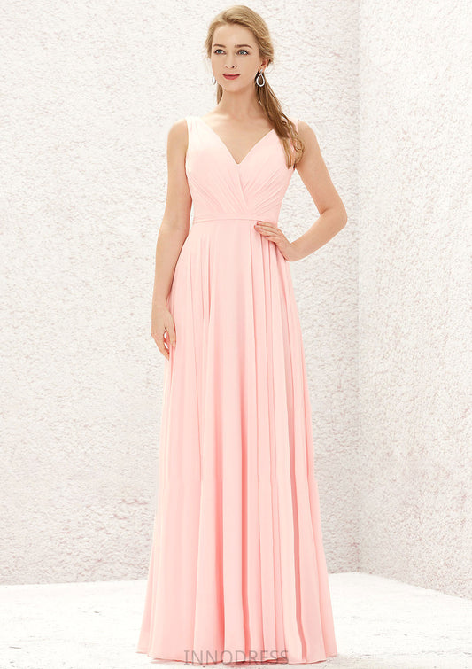 A-line V Neck Sleeveless Chiffon Long/Floor-Length Bridesmaid Dresses With Pleated Rayna DPP0025637