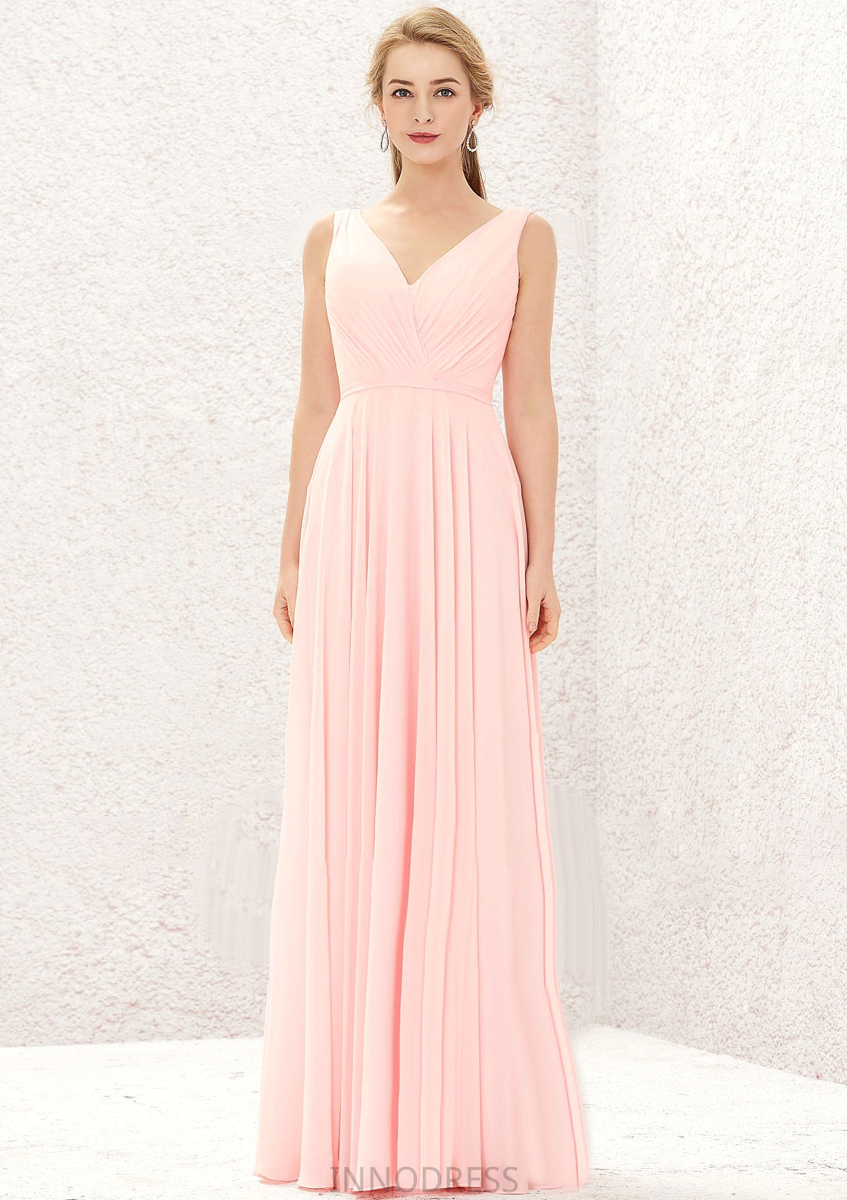 A-line V Neck Sleeveless Chiffon Long/Floor-Length Bridesmaid Dresses With Pleated Rayna DPP0025637