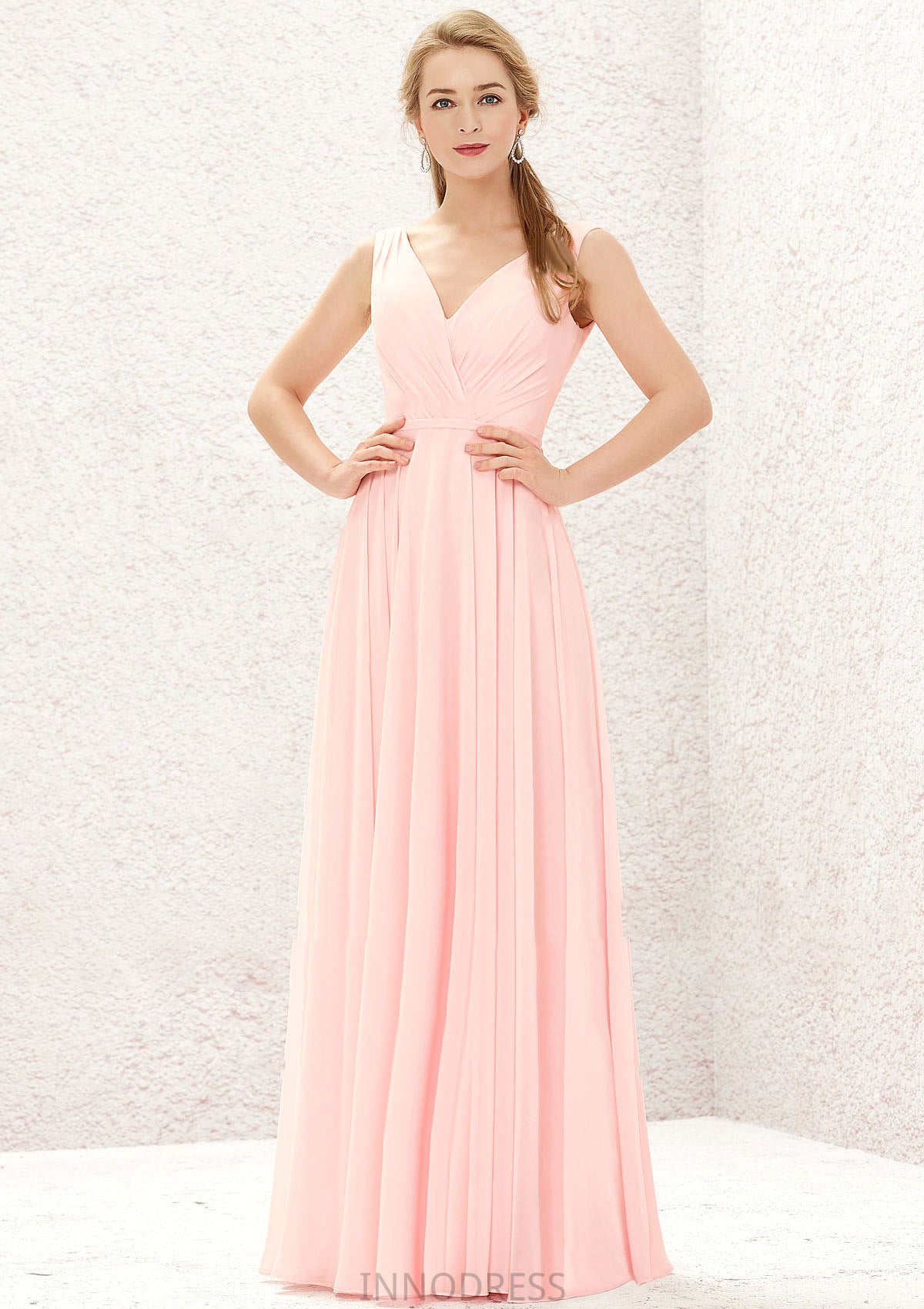 A-line V Neck Sleeveless Chiffon Long/Floor-Length Bridesmaid Dresses With Pleated Rayna DPP0025637