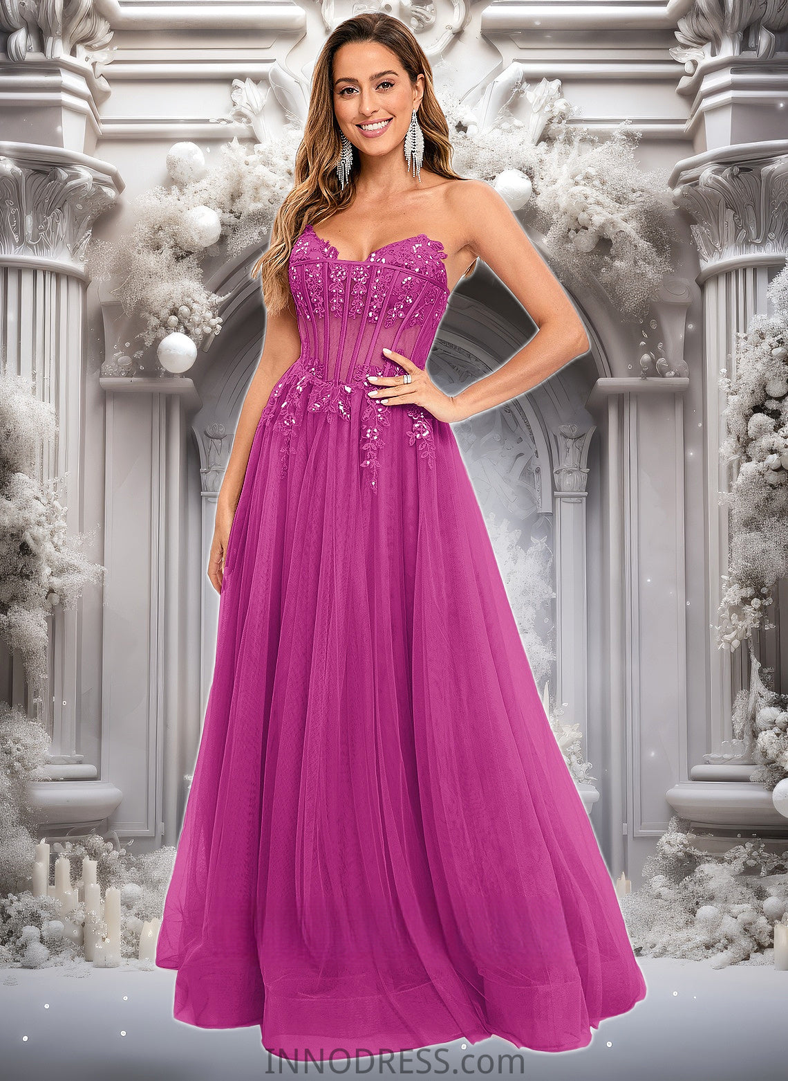 Ina Ball-Gown/Princess V-Neck Floor-Length Tulle Prom Dresses With Sequins Appliques Lace DPP0025837