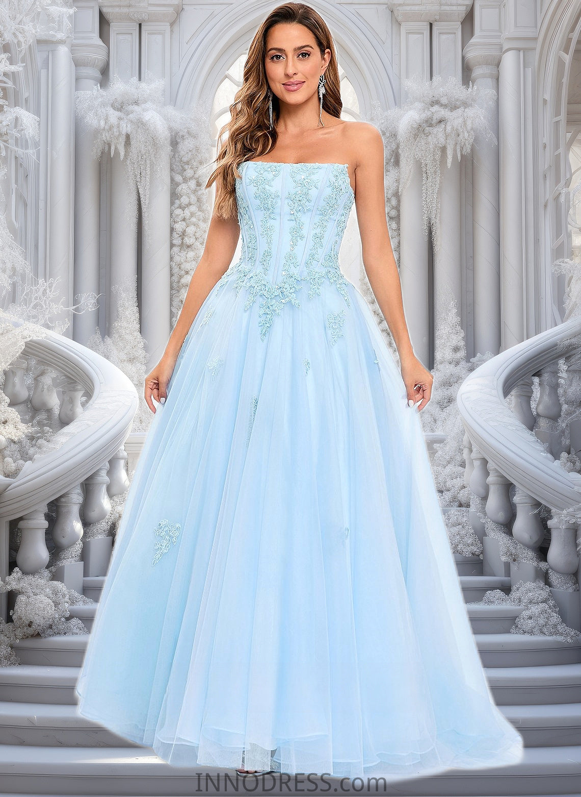 Aubrey Ball-Gown/Princess Straight Sweep Train Tulle Prom Dresses With Sequins Appliques Lace DPP0025864