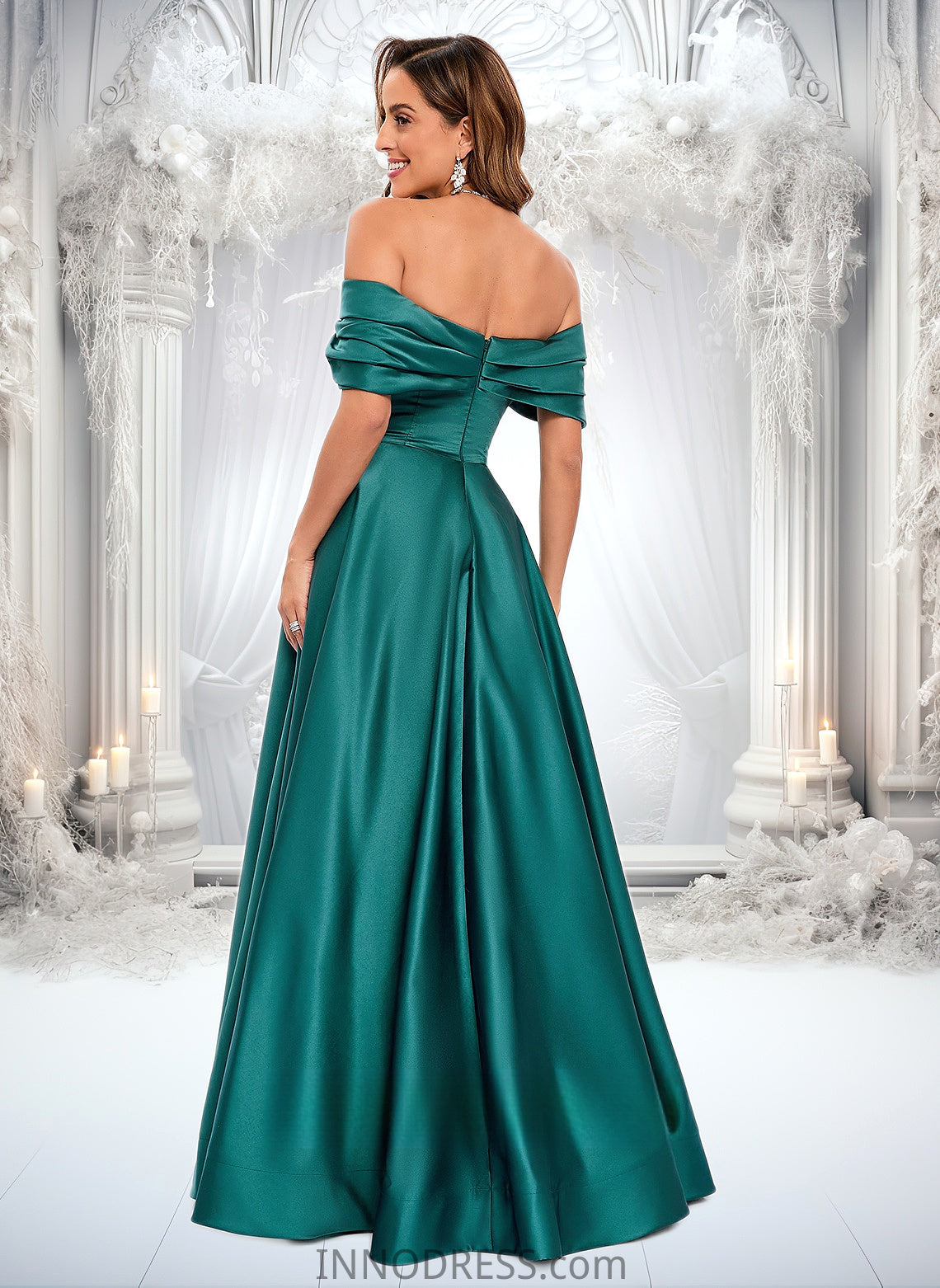 Iris A-line Off the Shoulder Floor-Length Satin Prom Dresses With Pleated DPP0025851